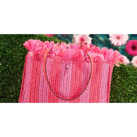 Kate Spade Sam Stripe Straw Medium Satchel in Juicy Orange - Picture 2 of 12